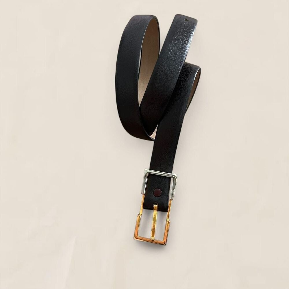 Swank vintage black leather mixed metal gold silver rectangle buckle belt